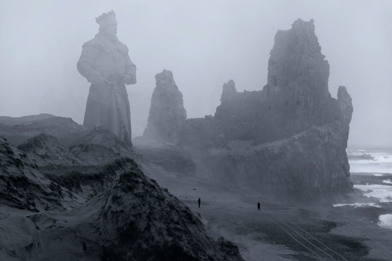 fantasy, ruin, fog, sea, architecture, gothic, photomontage, dark, landscape, mysterious, castle, scene, nature, mystical, blue fantasy, blue dark, blue castle